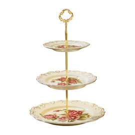 YOLIFE Red Rose Pattern 3 Tiered Cupcake Stand, Emboss Golden Leaves Edge Porcelain 3 Tier Pastry Stand Desert Stand