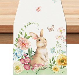 Bonhause Bunny Floral Table Runner 13x72 Inch Rabbit Flowers Spring Summer Seasonal Holiday Kitchen Dining Table Decoration for Indoor Outdoor Home Party Decor