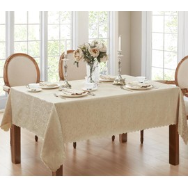 Newbridge Portofino Scalloped Damask Fabric Tablecloth, Wrinkle and Stain Resistant Fine Dining and Holiday Tablecloth, 60 Inch x 144 Inch Oblong/Rectangle, Linen