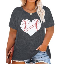 BLANCHES Plus Size Baseball Shirts Women Baseball Mom Tshirts Heart Graphic Softball Tee Game Day Short Sleeve Tops Grey
