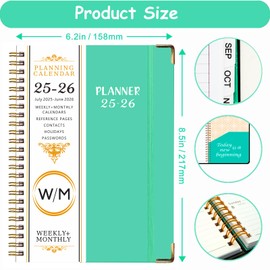 Daily Planner 2025-2026, Monthly and Weekly Calendar Planner with Tabs, July 2025 - Jun 2026, Inner Pocket, 6.2" x 8.5" A5 Size, Perfect for Office Home School Supplies, Spiral Bound, Aquamarine ﻿ ﻿