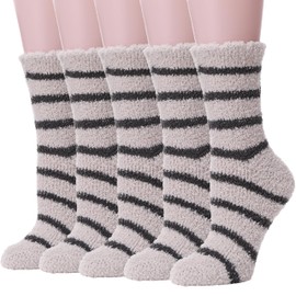EBMORE Womens Fuzzy Socks Fleece Fluffy Cabin Plush Warm Sleep Soft Cozy Winter Adult Stocking Stuffers Christmas Valentines Mothers Day Gifts for Mom Her Slipper Socks (Striped Khaki)