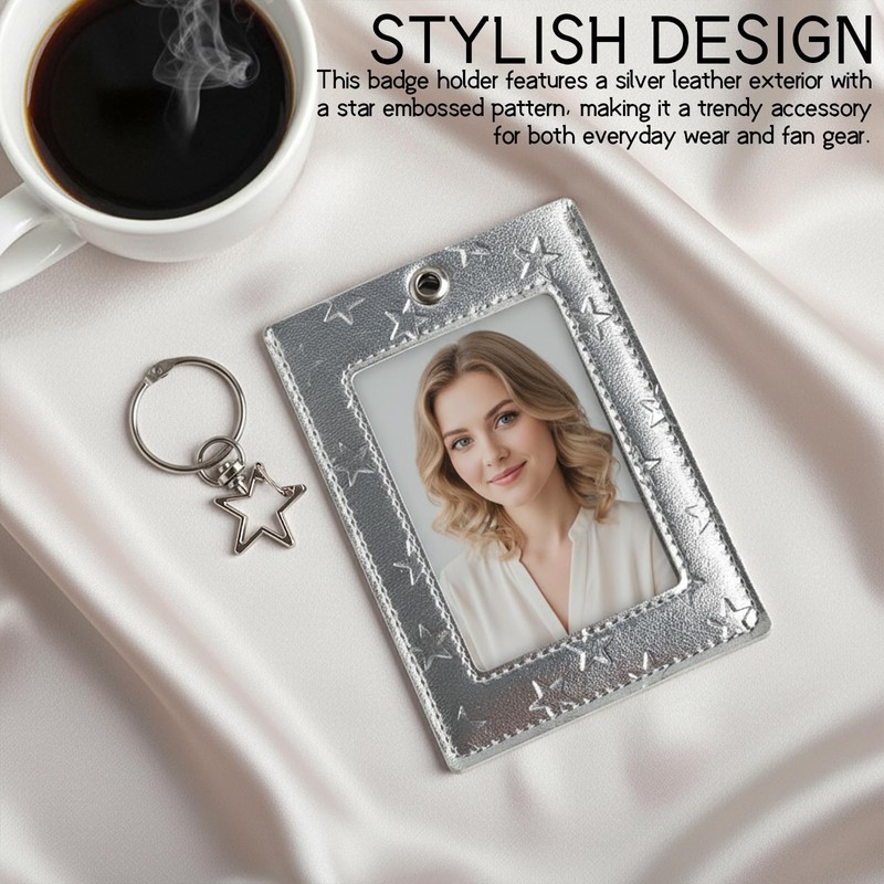 Silver Star Photocard Holder Keychain - Clear Protective Badge Holder