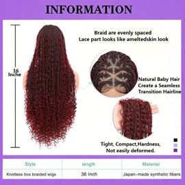 Hd Full Lace Box Braided Wigs for Black Women Knotless Burgundy Boho Long Curly Glueless Braiding Hair Extensions with Baby Hair Natural Synthetic Lace Front Faux Locs Wig 36 Inch