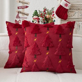Kevin Textile Christmas Tree Pillow Covers 18x18 Inch Set of 2 Twinkle Golden Star Embroidery Soft Plush Faux Fur Throw Pillowcases for Couch Sofa Holiday Festivals Winter Xmas Gift, Burgundy