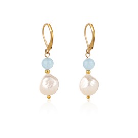 TaYolnFaSo Freshwater Pearl Earrings Aquamarine Lever Back Earring for Female Aquamarine Bead Hoop Drop Earring Natural Pearl Jewelry Gift for Wife Girlfriend Daughter Mother