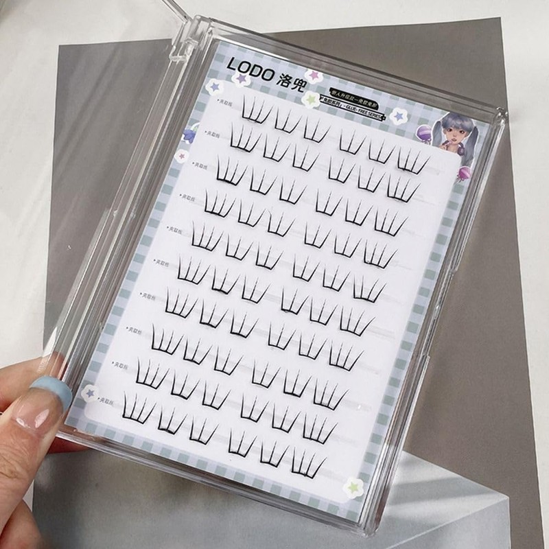 アニメスタイルの粘着式まつげクラスター - ブラック合成繊維まつげ、自然な外観、60個のクラスターエクステンション