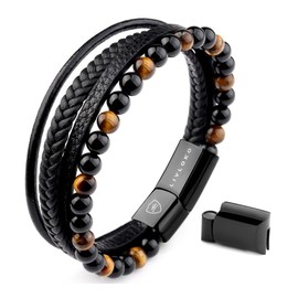 LIVLOKO Mens Bracelet Leather Black Multi-Layer Bracelet for Men Magnetic Clasp Rope Wristband Mens Gift for Boyfriend (Small 18-20cm, A. 19-22cm Black Leather Tiger-Eye Adjustable)