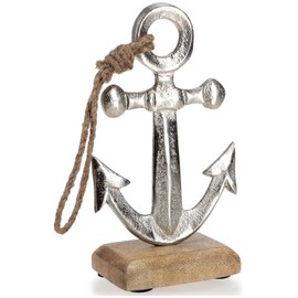 com-four® Decorative Anchor Stand, Maritime Decorative Figure, Metal Sculpture on Mango Wood Base, Decorative Anchor with Jute Rope for Standing and Decorating, Nautical Decorative Element