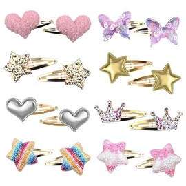 Rnigra Hair clips for Girls 16pcs, Toddler Hair Clips, Sparkly Metal Snap Barrettes for Girls, Star/Crown/Heart/Butterfly Shaped Styling Accessories, Gifts Suitable for Children and Adults