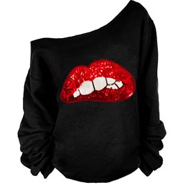MAGICMK Woman’s Sweatershirt Lips Print Causal Blouse Off The Shoulder Long Sleeve Loose Slouchy Pullover Plus Size Tops…(S)