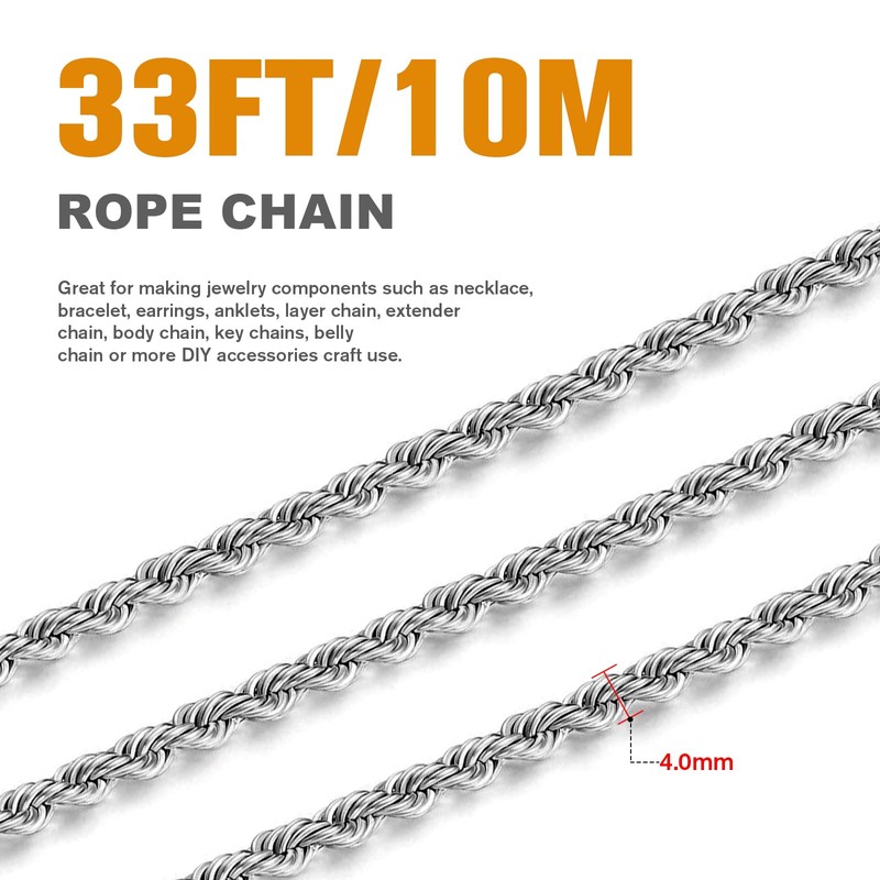 [33FT] Stainless Steel Rope Chain, 4mm Width 304 Stainless Steel