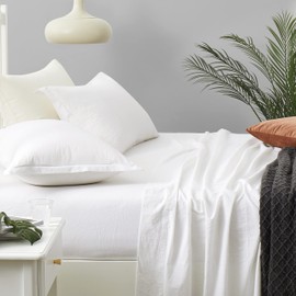 Eikei Washed Cotton Chambray Fitted Sheet Set Solid Color Casual Modern Style Bedding Set Relaxed Soft Feel Natural Wrinkled Look (White, Twin)