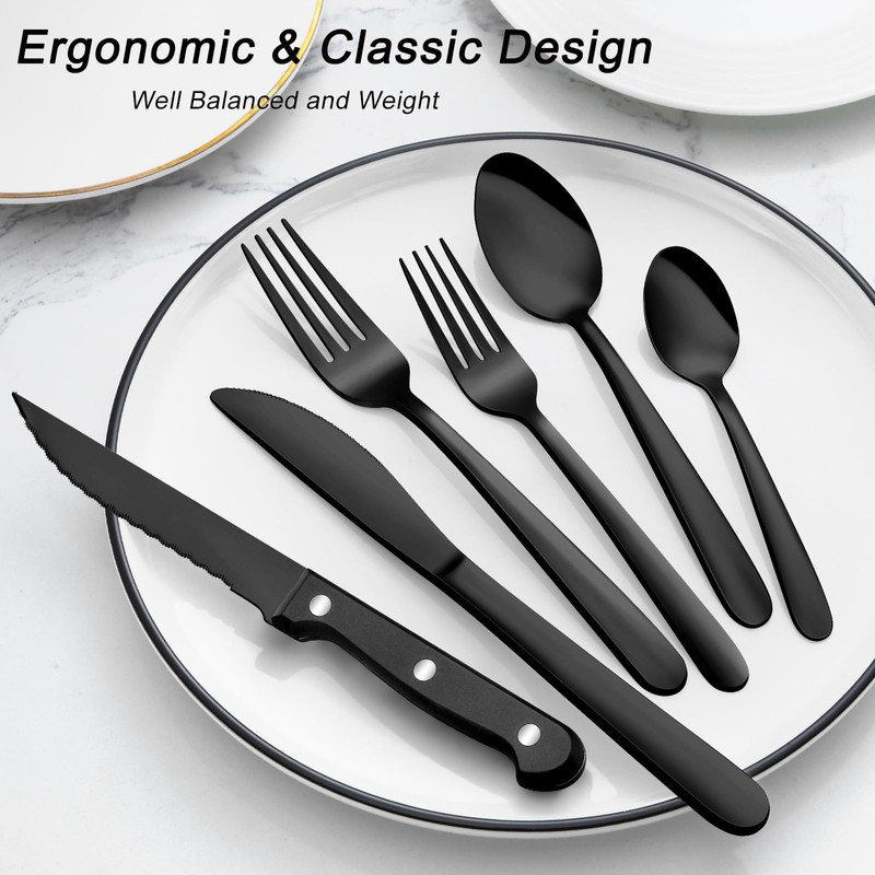 Pleafind 72Pcs Black Silverware Sets for 12 - Dishwasher Safe,