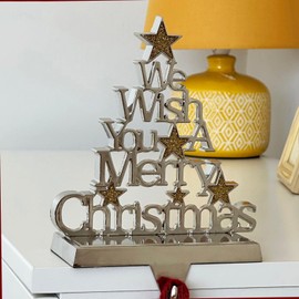 Christmas Stocking Hanger 16cm Merry Christmas Chrome Silver Gold Stars Xmas Decor