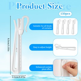 JJUNW 150pcs Plastic Curtain Hooks, Adjustable Pinch Curtainhook Clips, Curtain Pleat Hooks, Ratchet System Pinch Pleat Curtainhook for Window-Curtain Door-Curtain Shower-Curtain