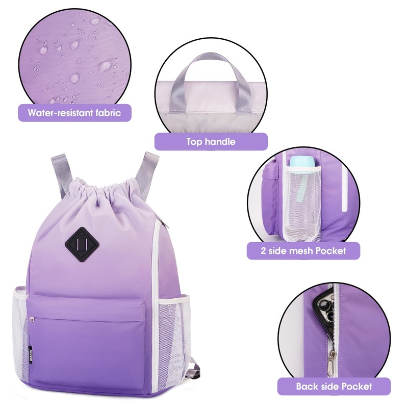 WANDF Drawstring Backpack Sports Gym Bag with Shoes Compartment, Water-Resistant