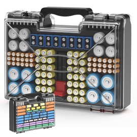 Battery Organizer, Clear Battery Storage Organizer with Tester, 185+ Batteries Double-Sided Variety Pack, Holds AA AAA 4A C D Cell 9V 3V Lithium LR44 CR2 CR123 CR1632 18650 Button - Black