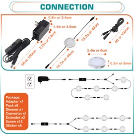 Lvyinyin Under Cabinet Puck Lights Kit, Easy to Install Touch Dimmable LED Kitchen Accent Lighting, in Series Linkable and Extendable, US Standard 120V Wall Plug in, 6 Lights, Daylight 6000K