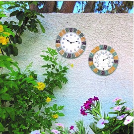 Lily's Home Indoor or Outdoor Large Hanging Wall Clock and Thermometer Set. Made of Durable Polyresin Plastic. 10" Inch Diameter. (Stone)