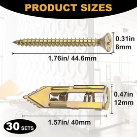 Pndeyo 30pcs Self-Drilling Drywall Anchors with Screws, Heavy Duty Zinc Plated Metal Expansion Screws, No Drill Drywall Anchors Kit for Photo Frames Wall- Gold