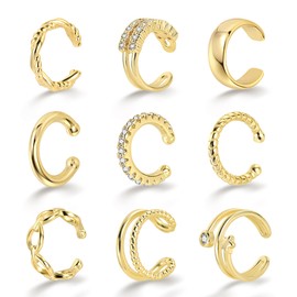 ALEXCRAFT 14K Gold Ear Cuffs Earrings for Women Non Pierced Conch Ear Clips Wraps Cubic Zirconia Twist Small Hoop Earrings for Women 9 Pcs