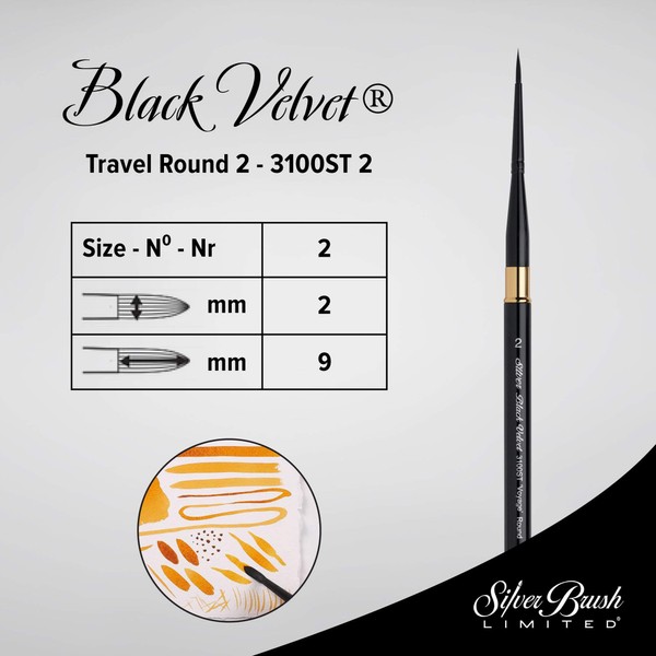 Silver Brush Limited 3100ST2 Black Velvet Voyage Travel Round Paint Brush for Watercolor, Detail and Line Brush, Size 2, Short Handle