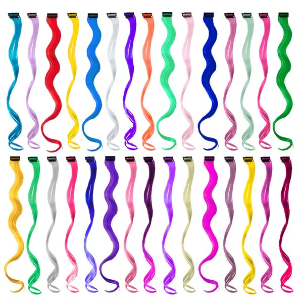 EuTengHao 30 Packs Coloured Clip in Hair Extensions 22 Inch Colorful Curly for Women and Kids Multicolor Party Highlights Highlights Synthetic Hairpieces (30 Colors)
