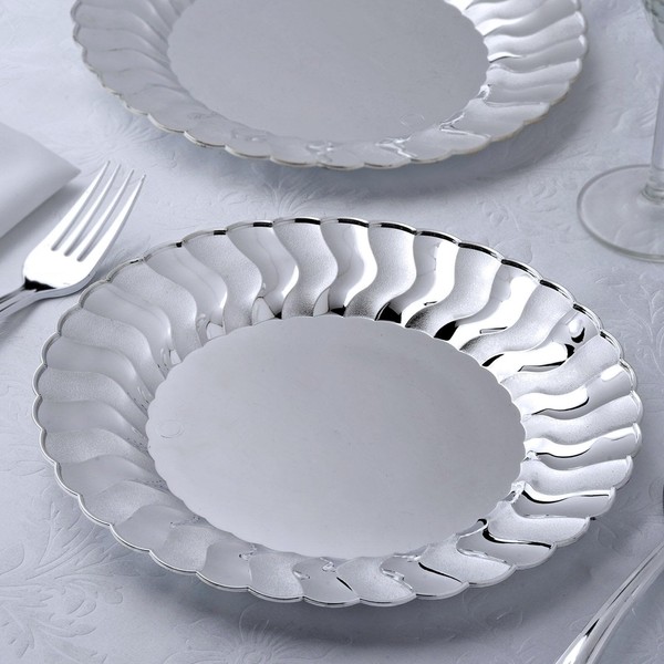 Efavormart 60 Pack 9" Silver Flared Rim Round Disposable Partytown Plastic Plates For Wedding Birthday Party Dance Banquet Event