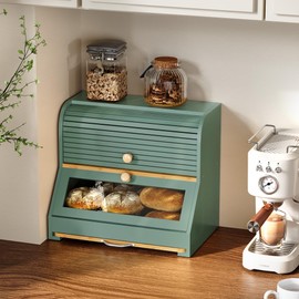 HOLTICO Roll Top Bamboo Bread Box with Cutting Board for Kitchen, Green