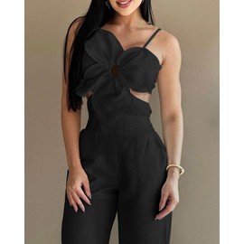 CHICME BEST SHOPPING DEALS Women Floral Pattern Jumpsuit Sleeveless Hollow Out Shirred Black Romper Casual Wide Leg Overall with Pockets Black-L