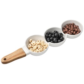 3 Compartment Condiment Tray Round Bowl Porcelain Chip and Dip Serving Set with Wooden Grips Condiment Trays for Parties Perfect for Chips Nuts Candy Snacks Veggies (round)