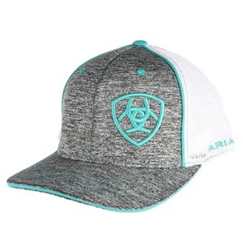 ARIAT Men's Cap, Heather Grey, Turquoise Logo, White Mesh, Flex Fit 110, Adjustable Snapback