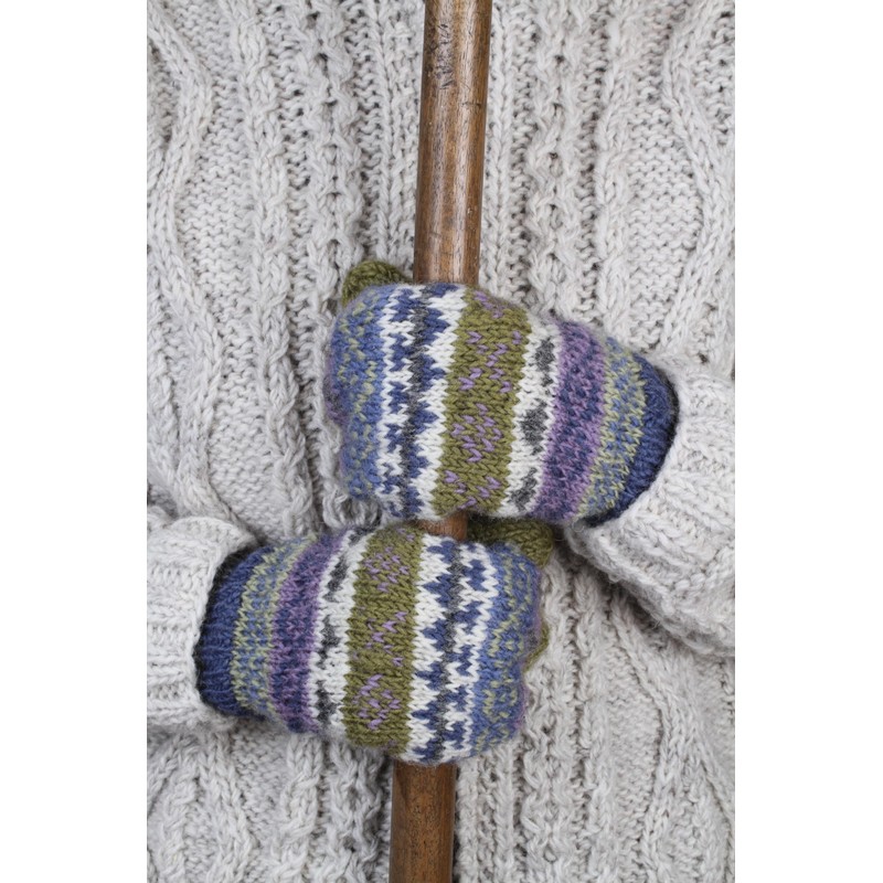 Pachamama Women Wool Mittens Fleece Lined Handknitted Fairisle Multicoloured One-Size
