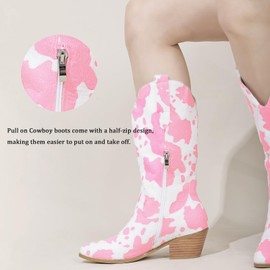 Cozivwaiy Women Cow Print Cowgirl Boots Chunky Heel Half Shoes Pointed Toe Western Boots Cow Print Pull on Cowboy Boot Mid Calf Cowhide Pink 7
