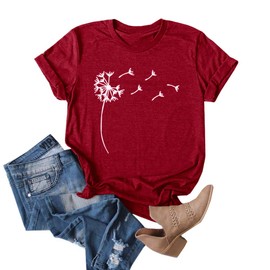 Cicy Bell Women's Dandelion Print T Shirts Cute Graphic Tees Short Sleeve Summer Cotton Tee Tops Burgundy