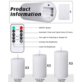 VIHOSE 9 Pcs White Flameless Candles Set Realistic LED Pillar Candles with Remote and Timer Flameless Wick Candles, Battery Operated Real Wax Candles for Wedding Festival Decor Dia 3" (Flat Top)
