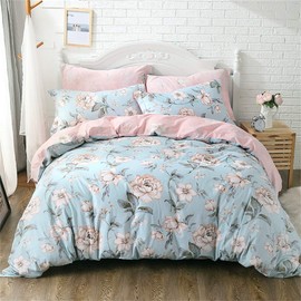 FADFAY Shabby Pink Blue Floral Bedding Sets Cotton Duvet Cover Set 4-Piece Queen Size