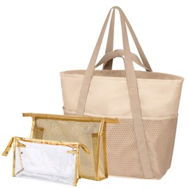 DEARBAG Strandtasche Damen mit Reißverschluss, Große Wasserfest Mesh Badetasche, Familie Faltbar Beach Tote Bag Shopper, Mesh Strandtasche XXL Familie für Strand Reisen Urlaub Pool (Beige)