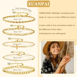 Women's Stackable Gold Bracelet Set - 14k Gold Plated Layered Chain Bracelets,Hypoallergenic Stainless Steel Charm Adjustable Gold Cross Link Jewelry,Christmas Valentine's Day Birthday Gift for Her