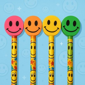 Lizzy 4 x Smile Pencils with Cartoon Eraser Toppers – 4 Assorted Colours (Yellow, Orange, Green, Pink) – Party Favours, Lucky Dip Prizes, School Stationery, Kids Gift Pack (Pack of 24)