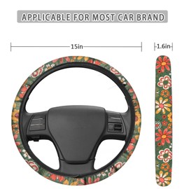 Drydeepin Daisy Flower Steering Wheel Covers with Car Cup Coasters 2 Pack and Keychain Sage Green Universal 14.5-15 Inches Steering Wheel Protector Hippie Aesthetic Car Accessories Set