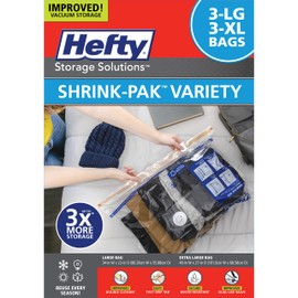 Hefty Shrink-Pak Vacuum Storage Bags - Space Saver for Under Bed Storage, Clothing and Comforters, Odor Resistant, 3X More Storage Space - 3 Large, 3 XL Bags