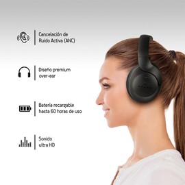 Akane Audífonos Inalámbricos Bluetooth con Cancelación de Ruido Activa (ANC), Audífonos de Diadema Plegable Ultra Suaves, Batería de Larga Duración (60 Horas), Estuche Rígido de Viaje, Mod. AK3000
