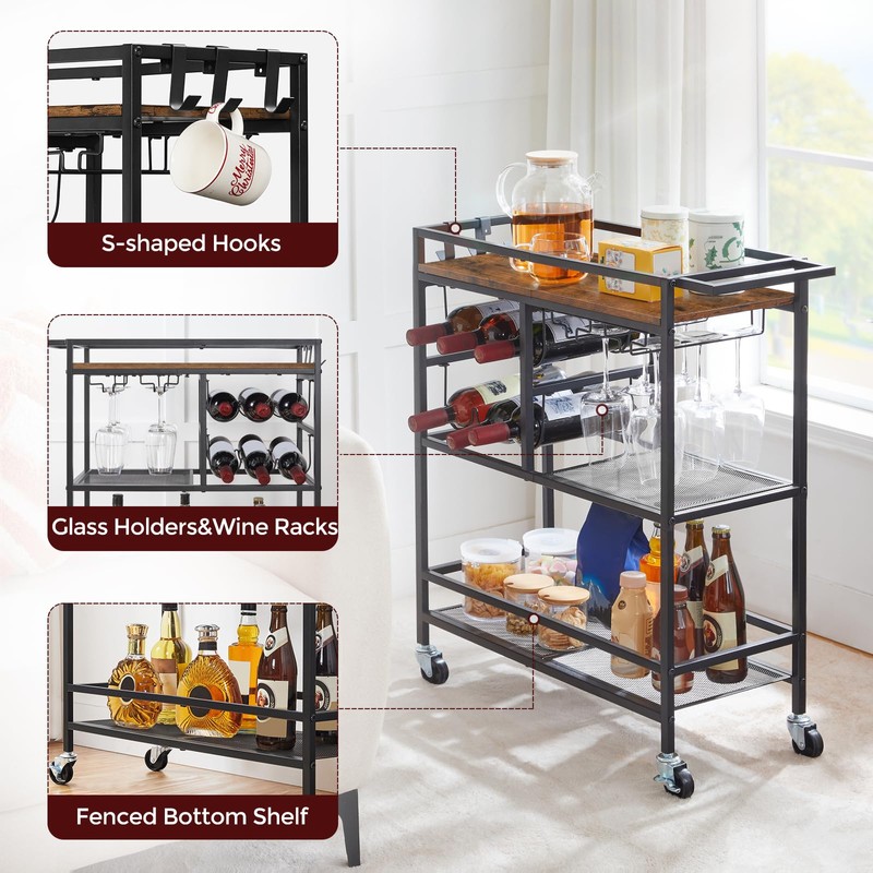 MAHANCRIS Bar Cart for Home, 3-Tier Serving Cart with Wheels