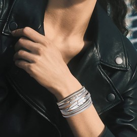 Gleamart White Crystal 2 Pieces Bead Bangle Bracelets Bohemian Bracelets for Women Layered Wrap Bracelet Set