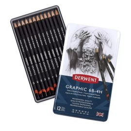 Derwent Graphic Drawing Pencils - Medium - 6B - 4H - Sealed Metal Tin -12 Count