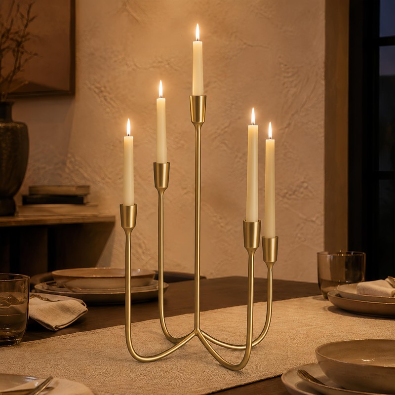 Gold 5 Arm Candelabra Candle Holder, Metal Taper Candle Stand