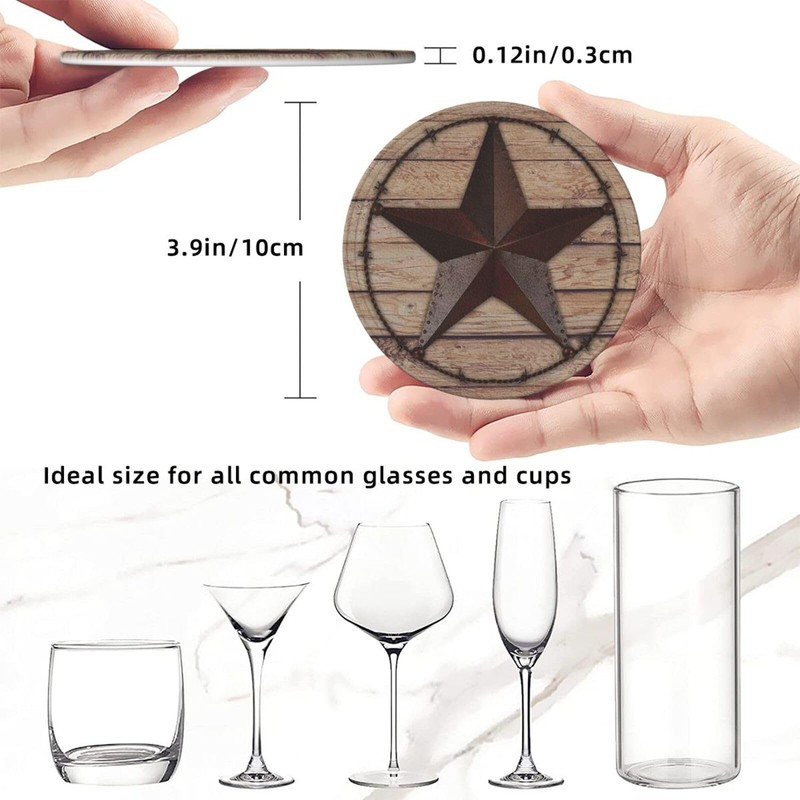 6 Pcs Western Metal Texas Brown Star Leather Coasters for