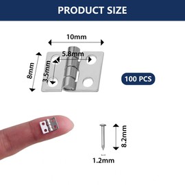 100Pcs Mini Hinges for Crafts (10x8mm), Small Brass Hinges with Screws for Wooden Box & Jewelry Box, Compact Silver Hardware for Storage Box, Display Case, and DIY Accessories